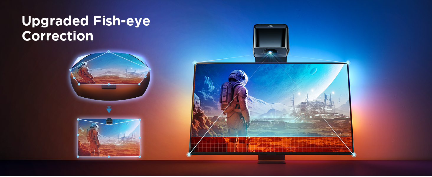 Computer monitor displaying a scenic image, with a smaller curved screen above showing fish-eye correction. Text reads 'Upgraded Fish-eye Correction'.