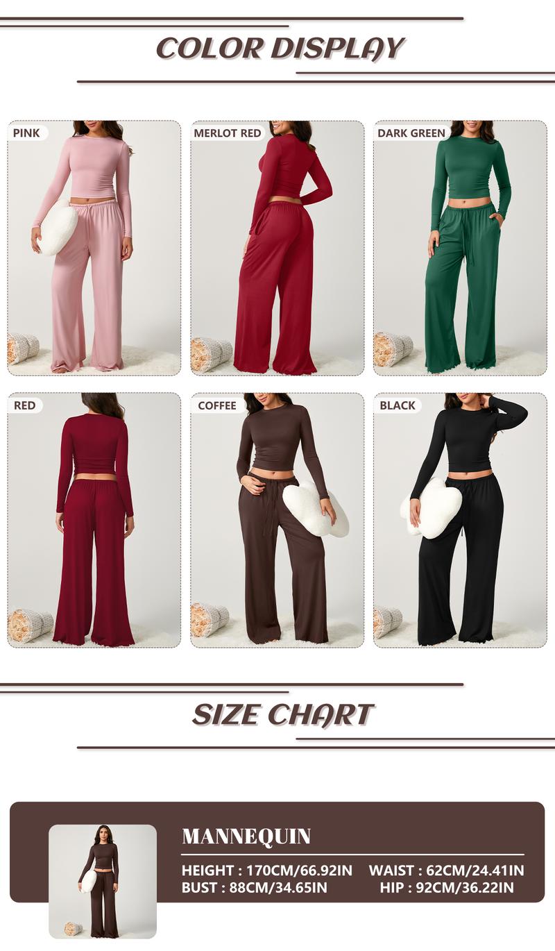 TimeOFF Women's 2-Piece Activewear Set Long-Sleeve Crop Top & Wide-Leg Pants Stretchy Fabric for Yoga Leisure Daily Active Scenarios Workout Running Clothes