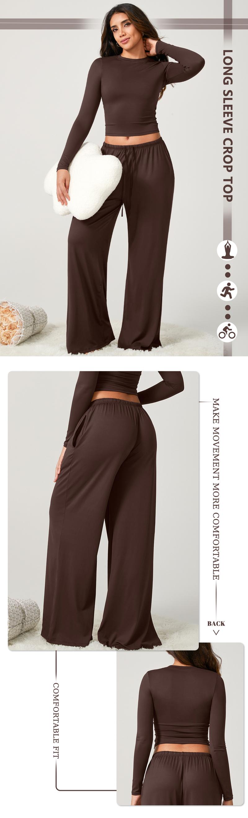 TimeOFF Women's 2-Piece Activewear Set Long-Sleeve Crop Top & Wide-Leg Pants Stretchy Fabric for Yoga Leisure Daily Active Scenarios Workout Running Clothes