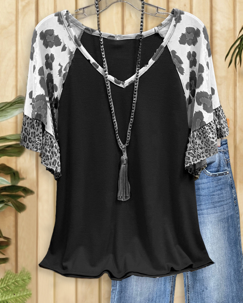 Patchwork Leopard Print Wild Raglan Sleeve T-Shirt-S.fashion