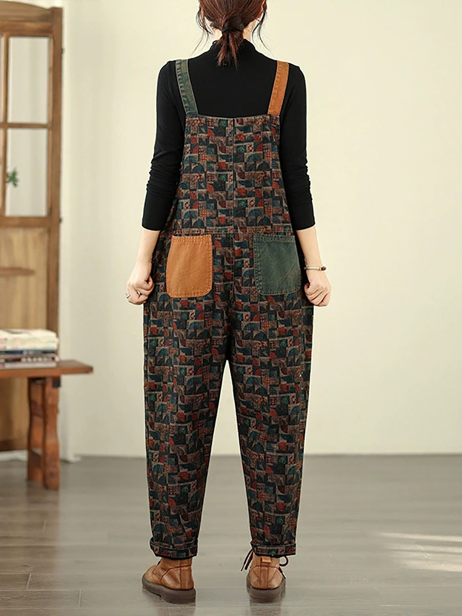 Women Vintage Patchwork Cotton Loose Denim Jumpsuits-S.fashion