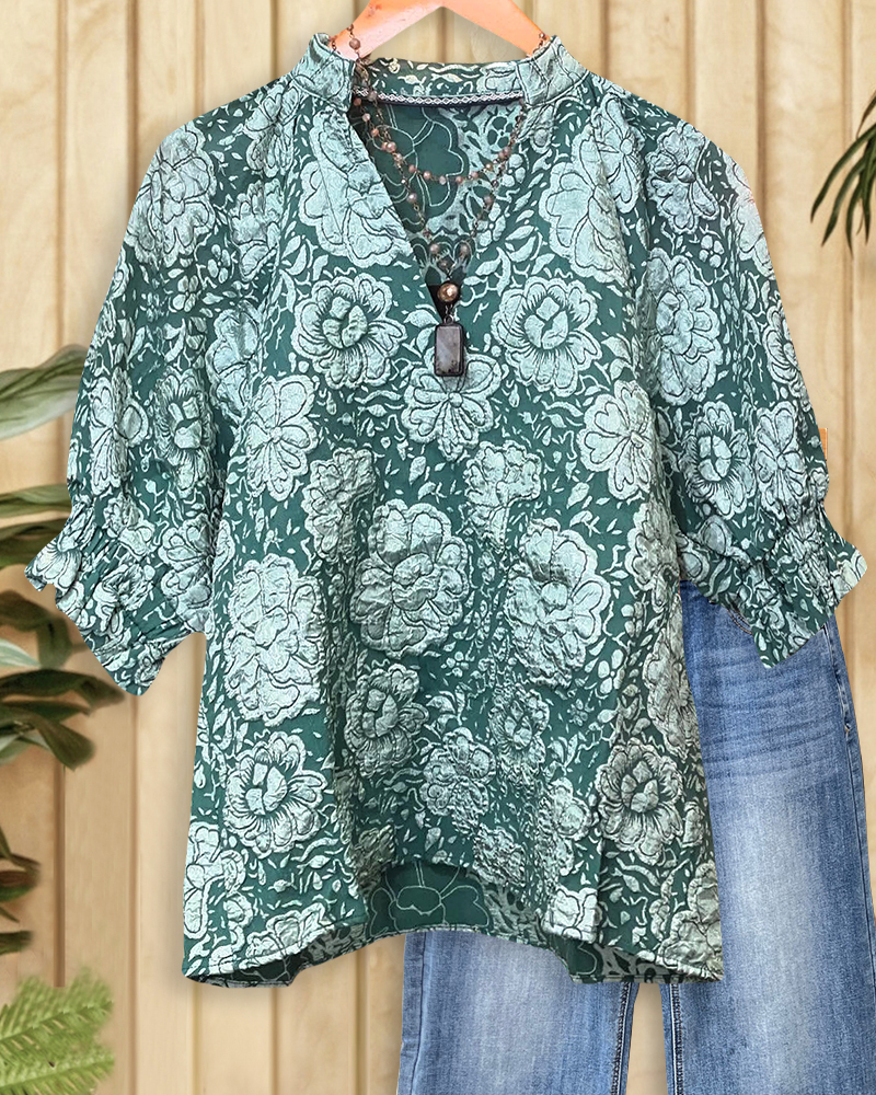 Floral Print Stylish V Neck T-Shirt-S.fashion