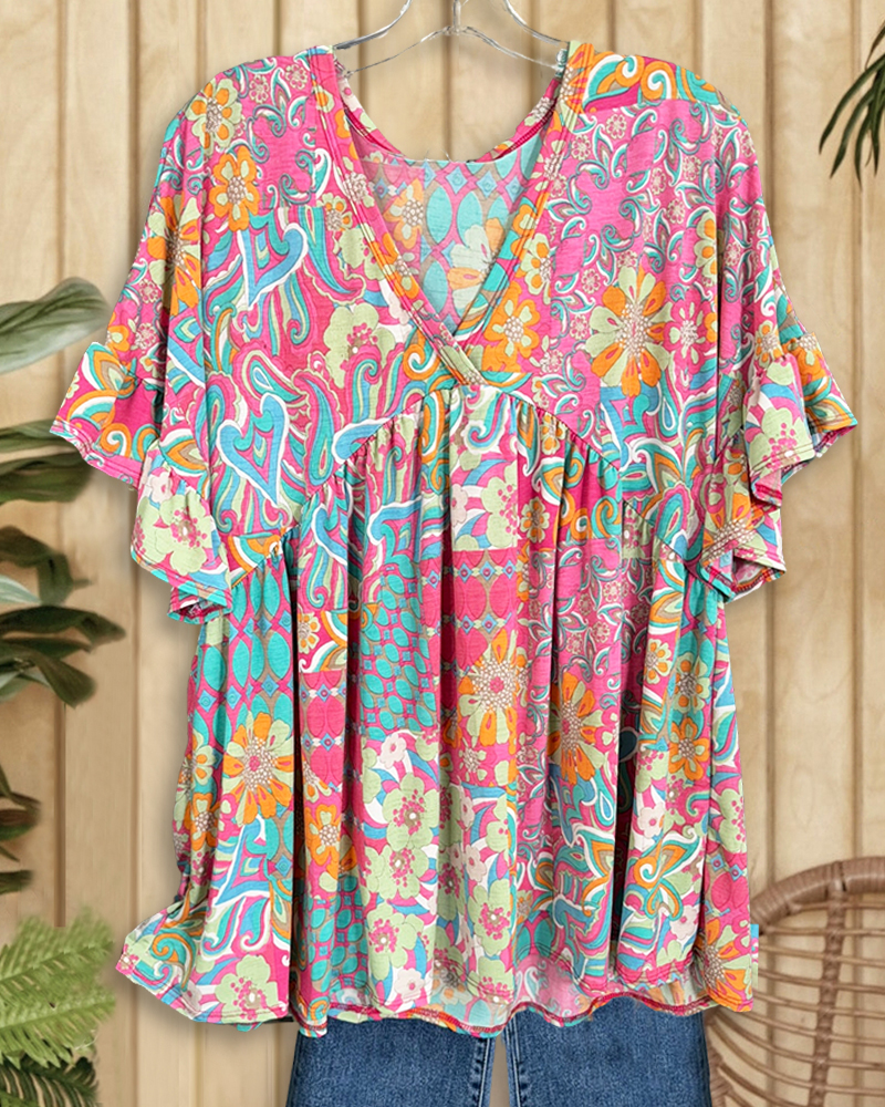 Paisley Print Pastoral V Neck Ruffle Sleeve T-Shirt-S.fashion