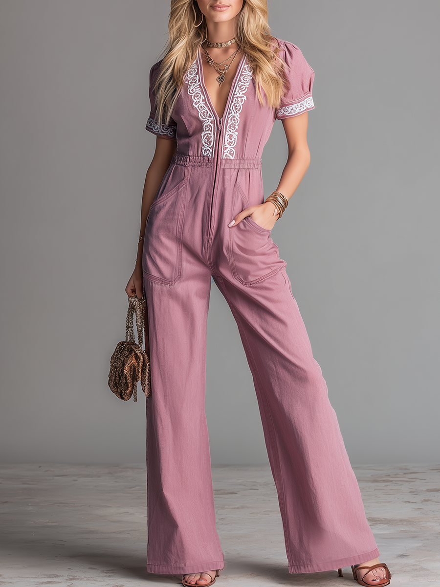 Stylish And Beautiful V-neck Embroidered Zipper Short-sleeved Jumpsuit-S.fashion