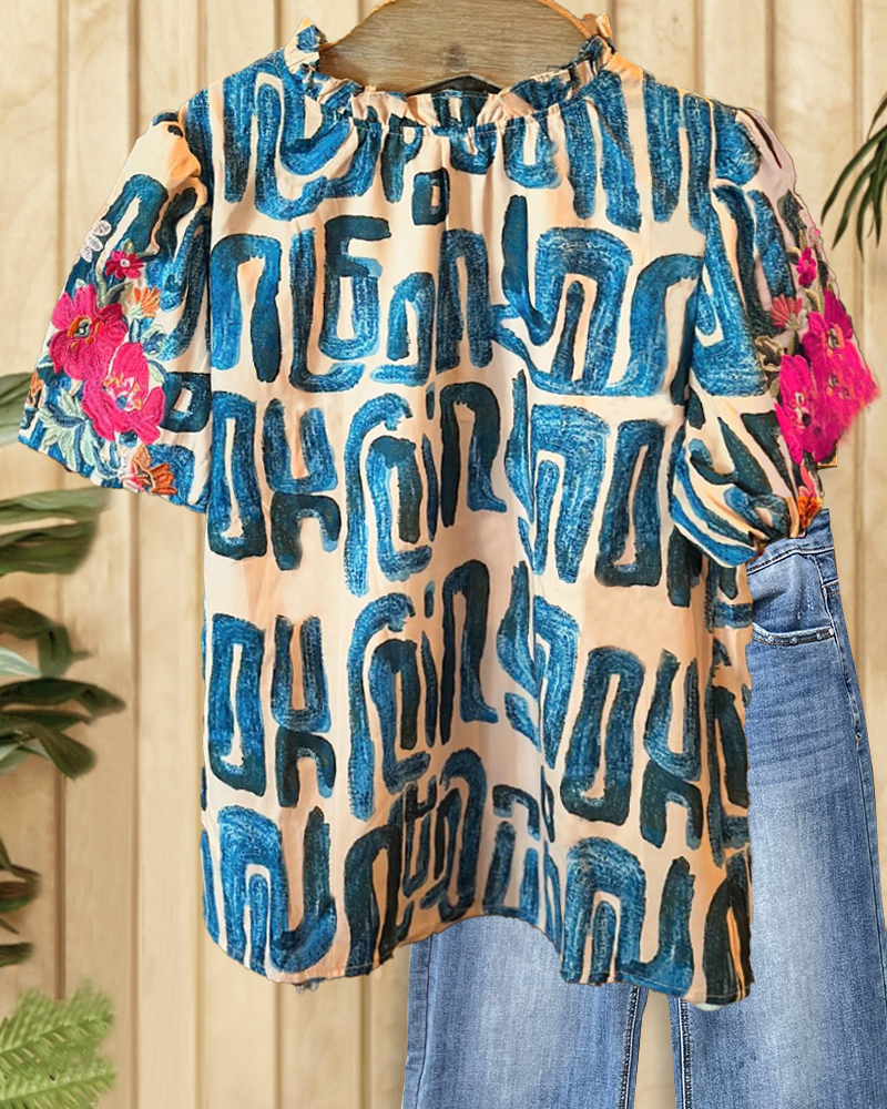 Floral Embroidery & Graphic Print On-trend Puff Sleeve Babydoll T-Shirt-S.fashion