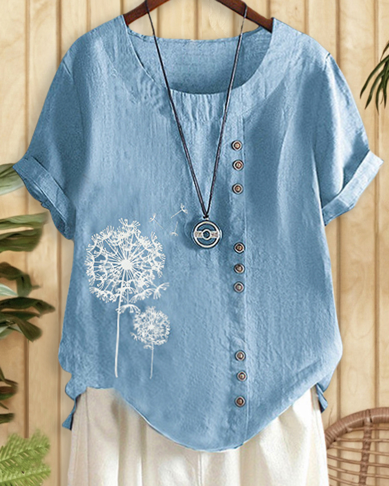 Dandelion Print Cozy Round Neck T-Shirt-S.fashion