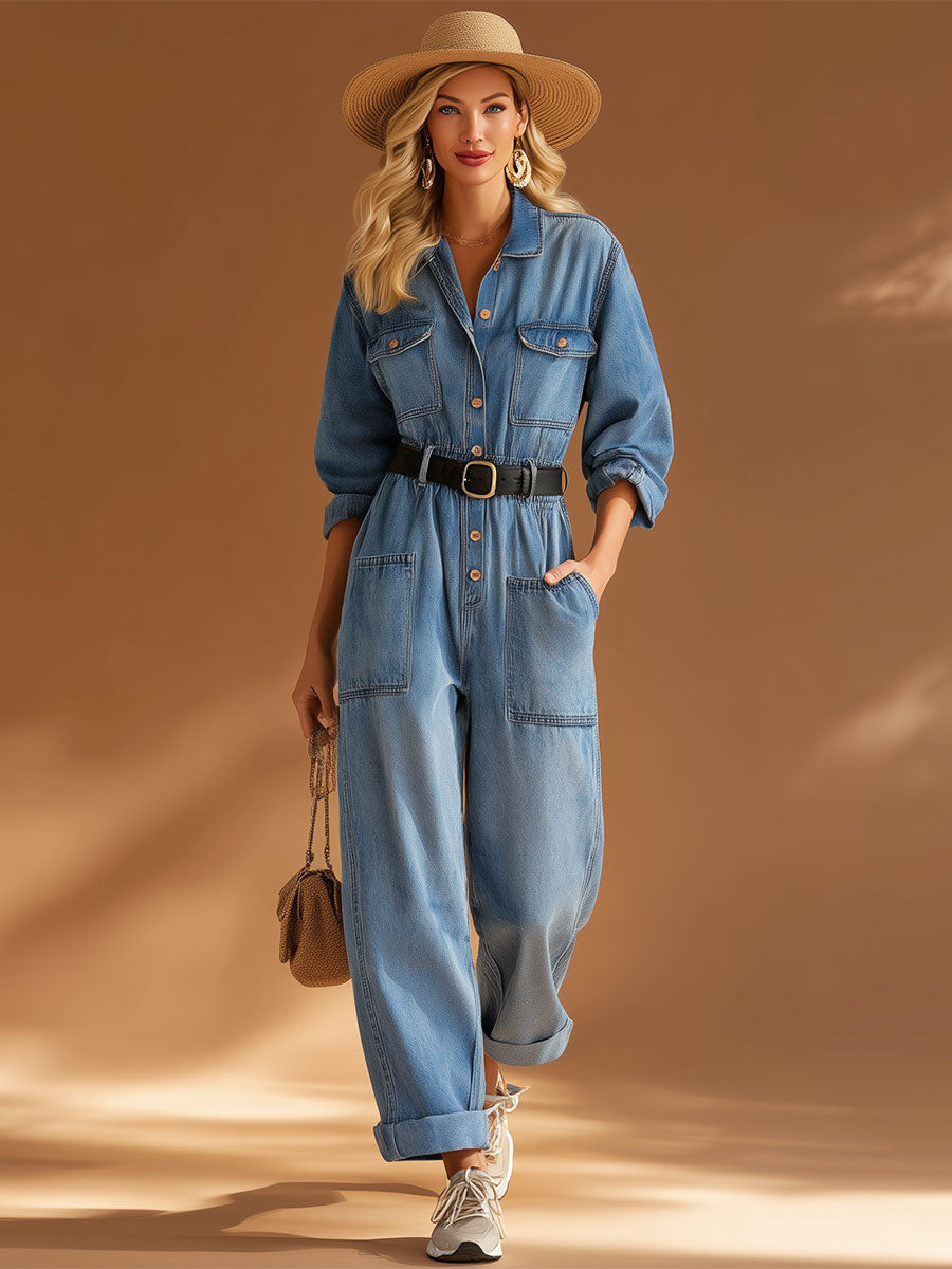 Casual Retro Lapel Button-up Blue Denim Long-sleeved Jumpsuit-S.fashion