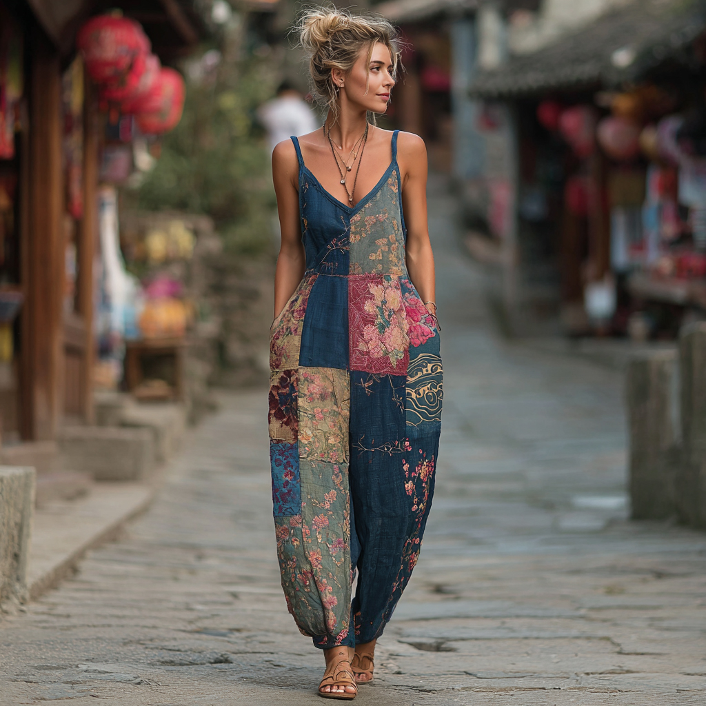 Women's style Floral Linen Sleeveless Vneck Jumpsuit-S.fashion