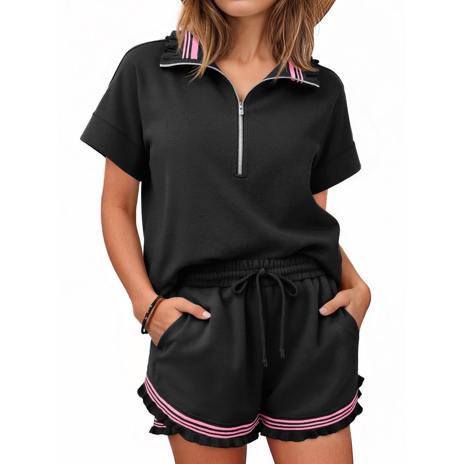 Women's Half-Zip Ruffle Trim Loungewear Set-S.fashion