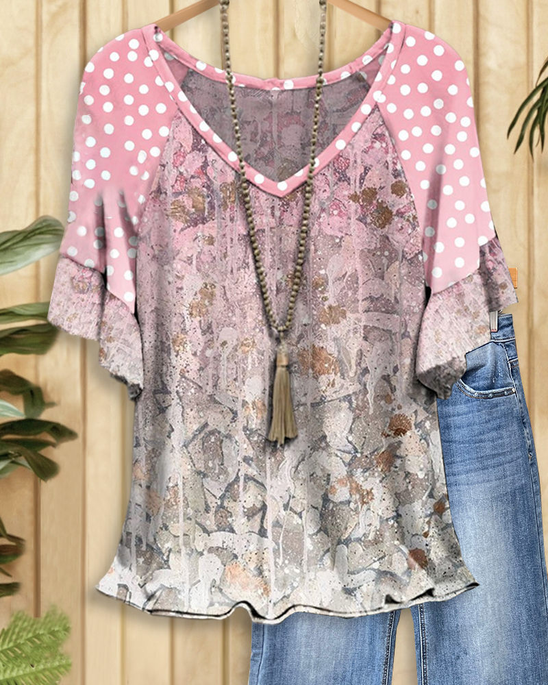 Polka Dot & Floral Print Pastoral Raglan Sleeve T-Shirt-S.fashion