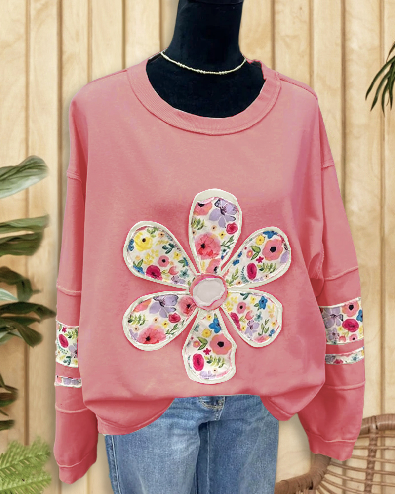 Printed Patchwork Flower Applique Oversized Irregular Sweatshirt-S.fashion