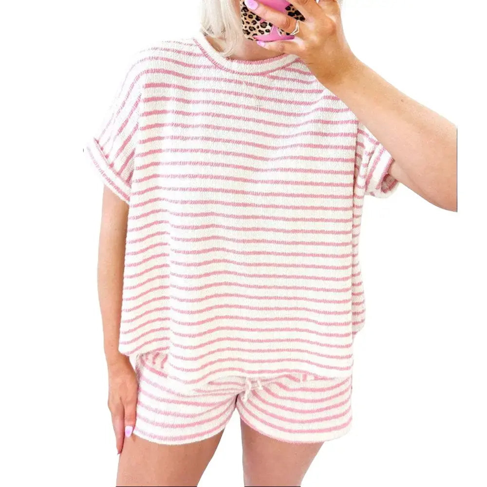 2 Piece Lounge Set Women Stripe Knit Short Sleeve Tee Shirts Shorts-S.fashion