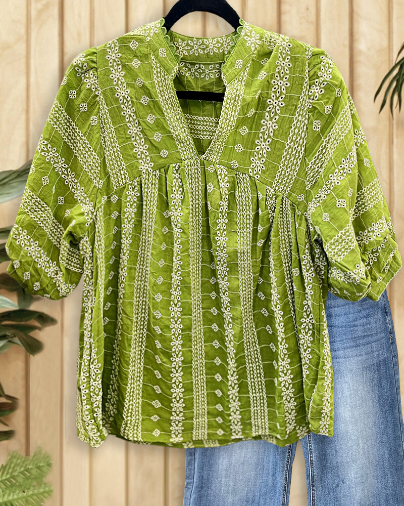 Floral Print Scalloped Trim V Neck Relaxed Blouse-S.fashion