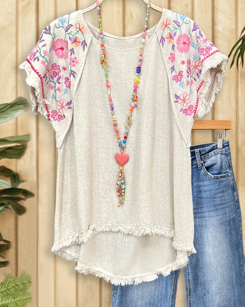 Floral Print Oriental Round Neck Frayed Blouse-S.fashion