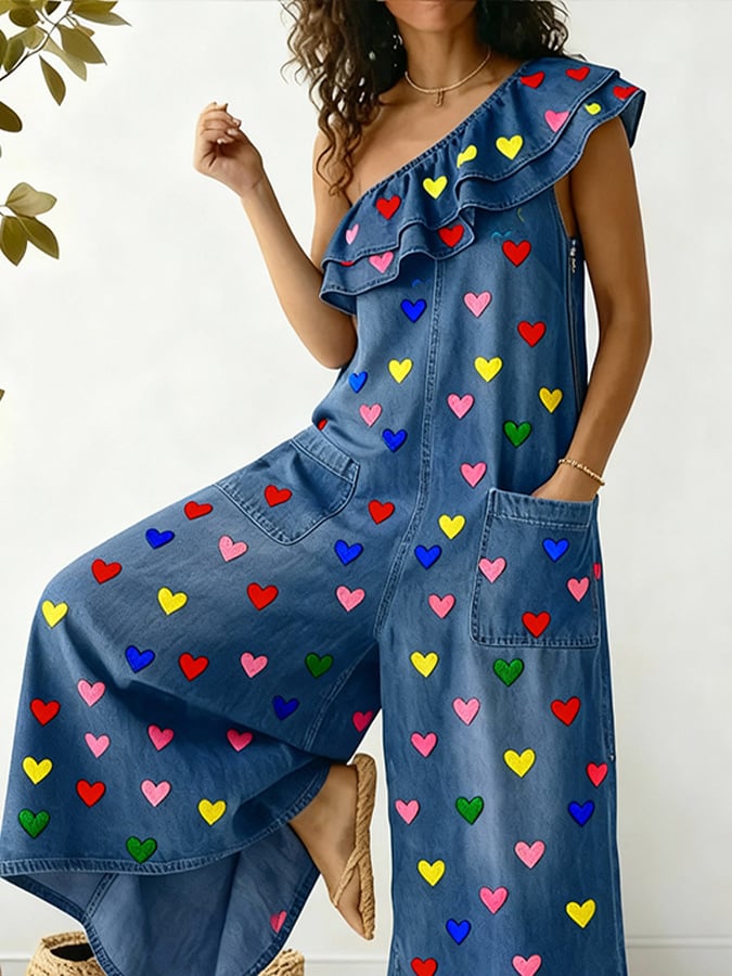 Women'S Casual Color-Blocked Printed Ruffled Jumpsuit-S.fashion