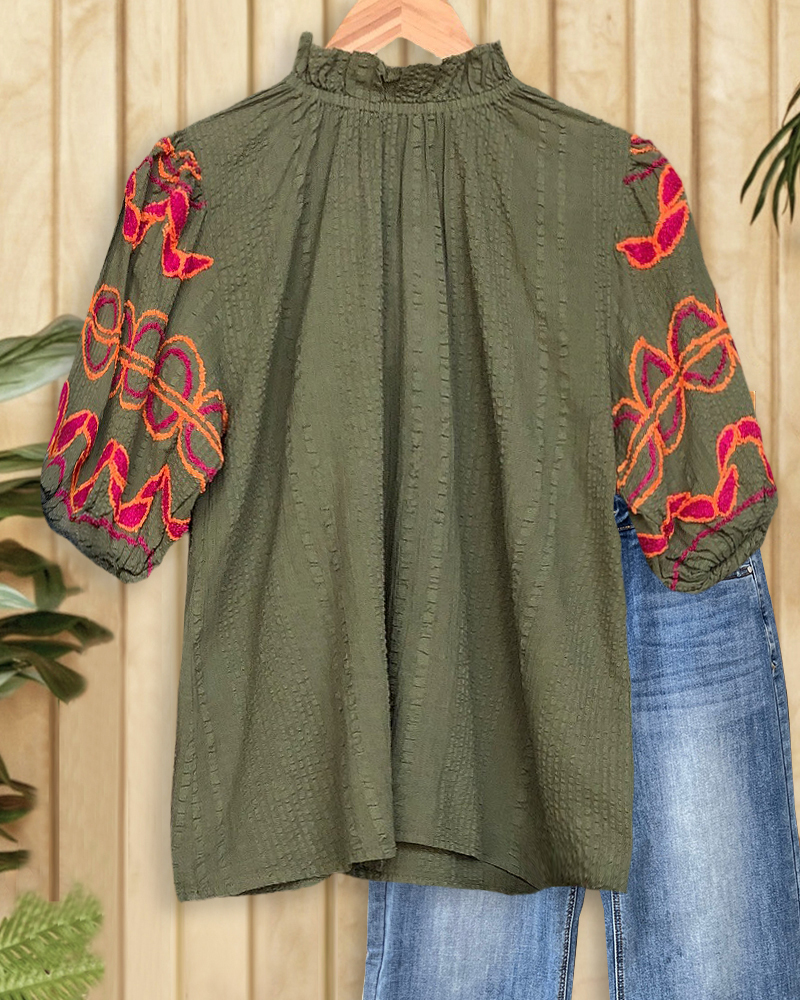 Abstract Embroidery Puff Sleeve Simple T-Shirt-S.fashion