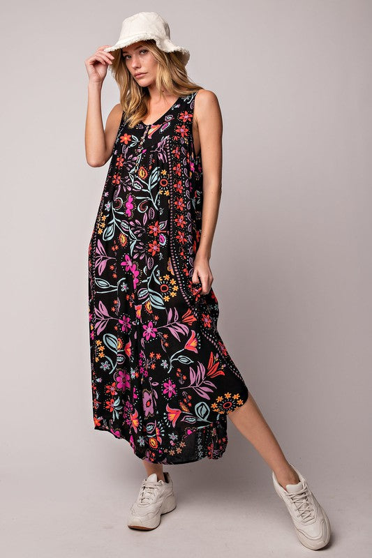 Vintage floral print loose sleeveless jumpsuit-S.fashion