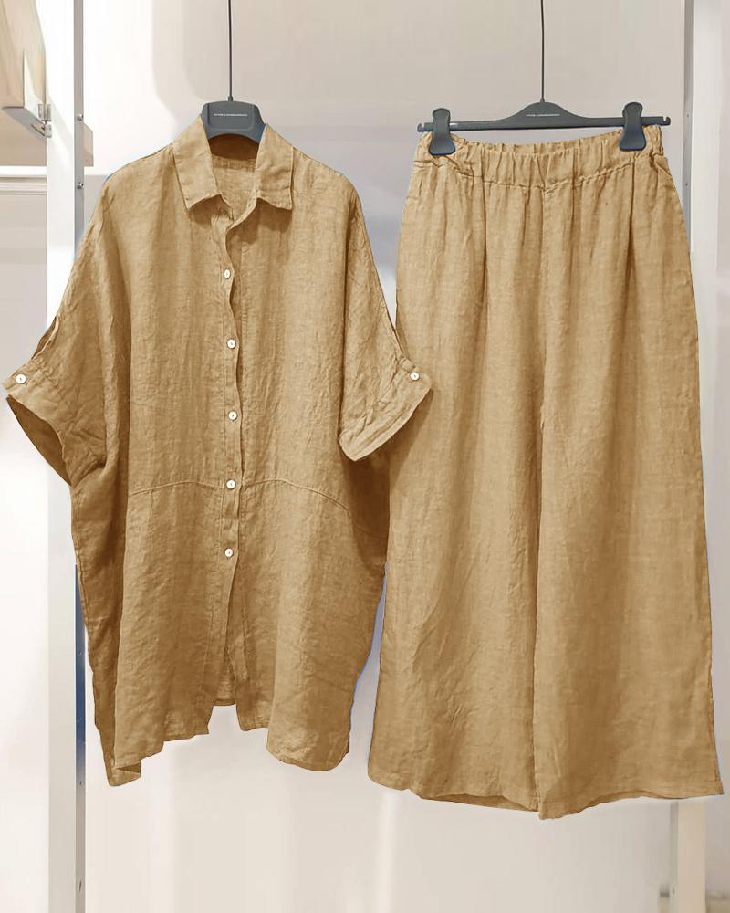 Cotton And Linen Causal Simple Color Two Piece Suit-S.fashion