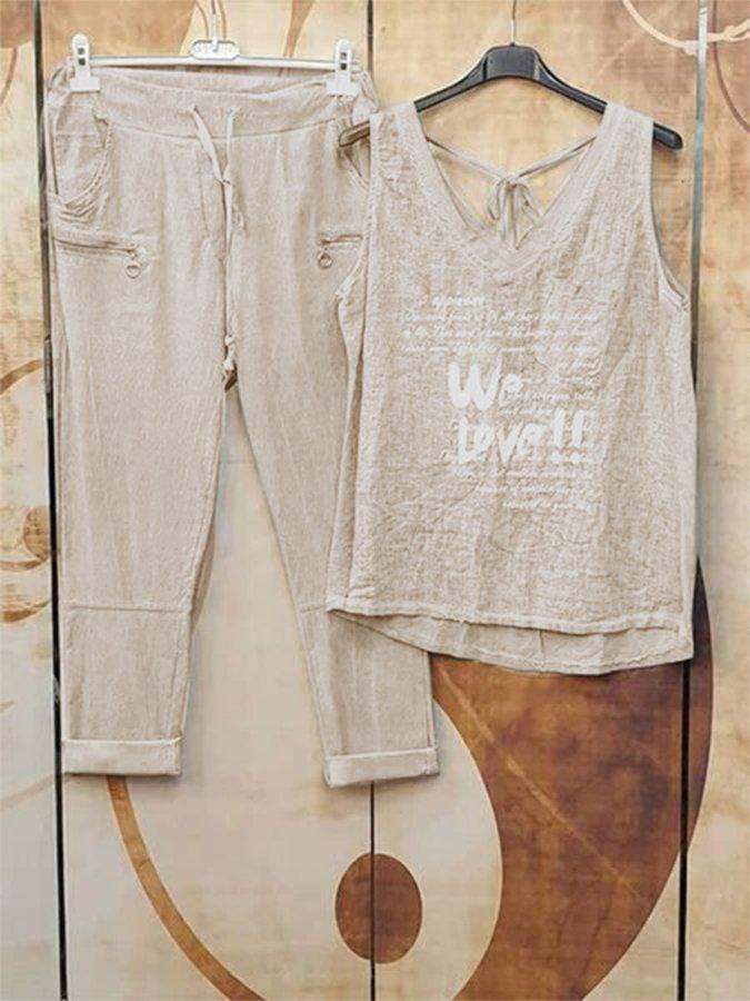 Gray Letter Sleeveless Spaghetti Casual Suits-S.fashion