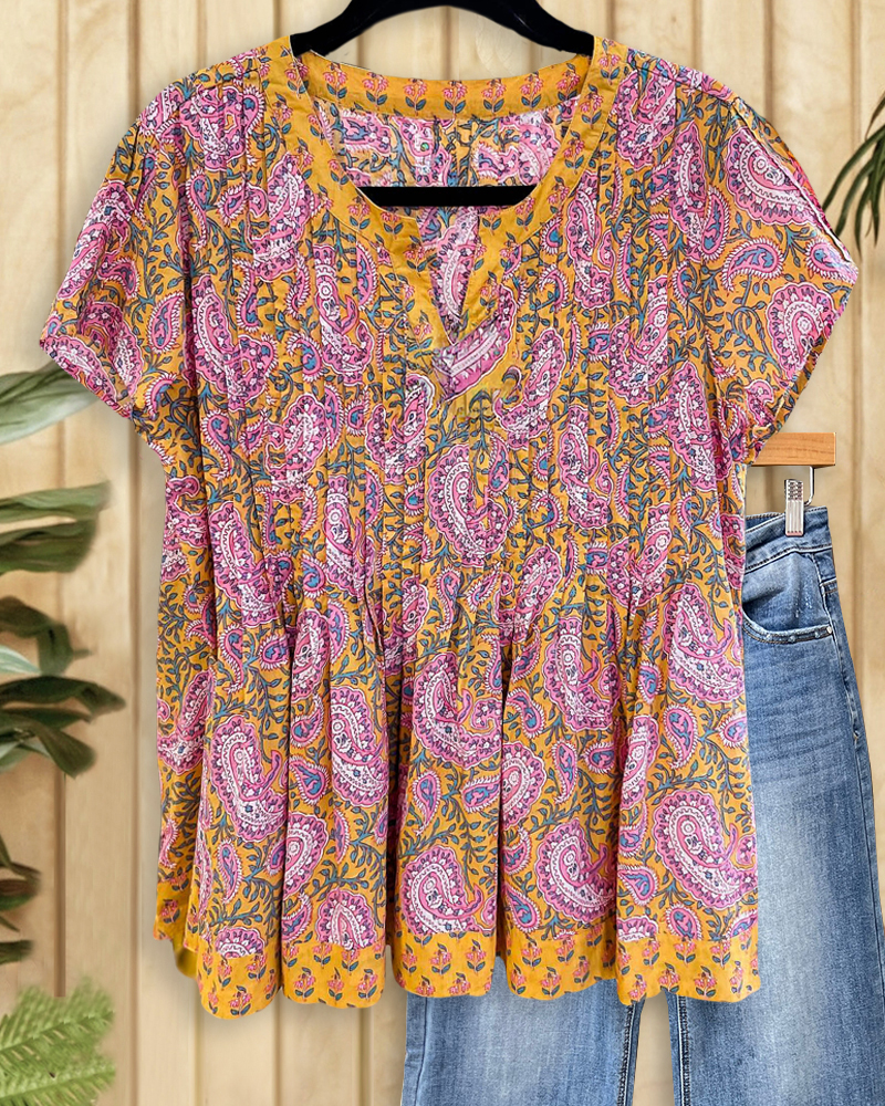 Paisley Mixed Print Bohemia V Neck Pleated Blouse-S.fashion