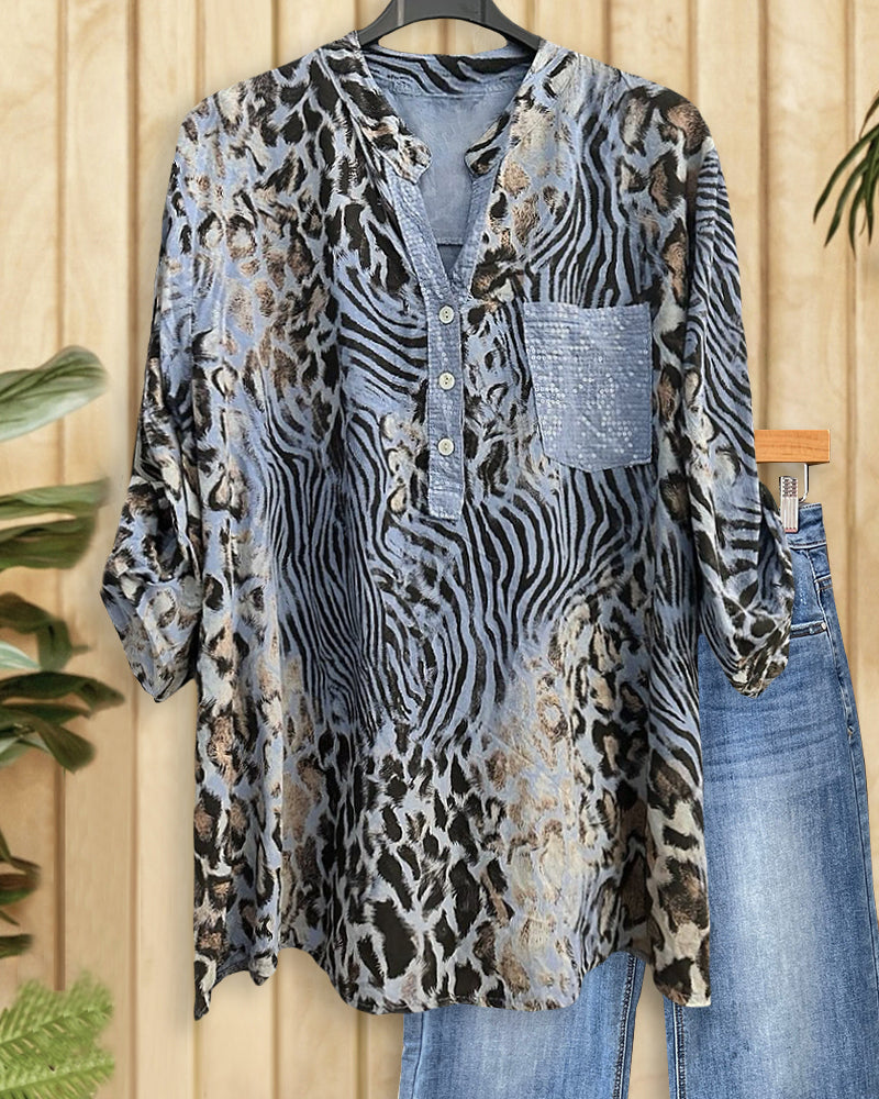 Leopard Print Wild Sequined Decor V Neck Shirt-S.fashion