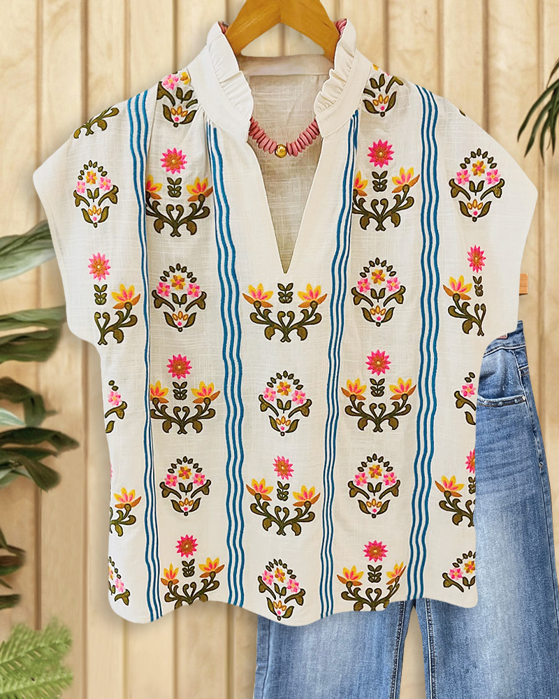 Floral Print Girly V Neck Blouse-S.fashion