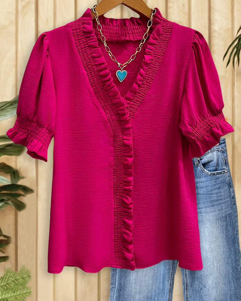 Solid Color Smocked Detail Stylish V Neck T-Shirt-S.fashion