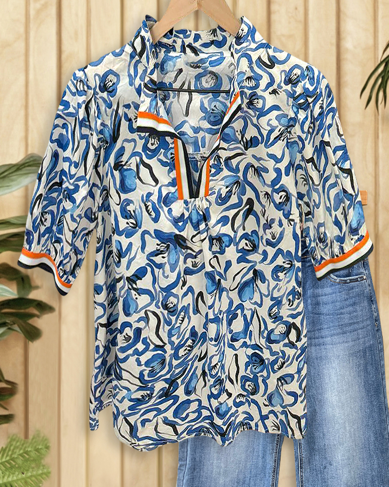 Patchwork Floral Print Casual V Neck Blouse-S.fashion