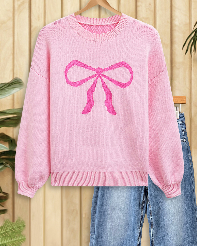 Bowknot Print Classic Drop Shoulder Sweater-S.fashion