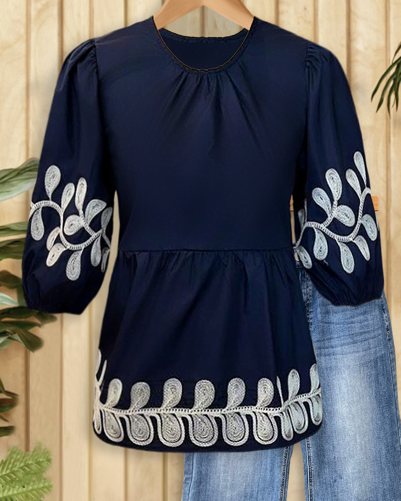 Floral Embroidery Smart Puff Sleeve Blouse-S.fashion