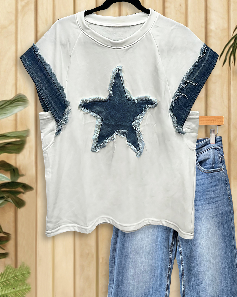 Hit Color Patchwork Denim Smart Star Applique T-Shirt-S.fashion