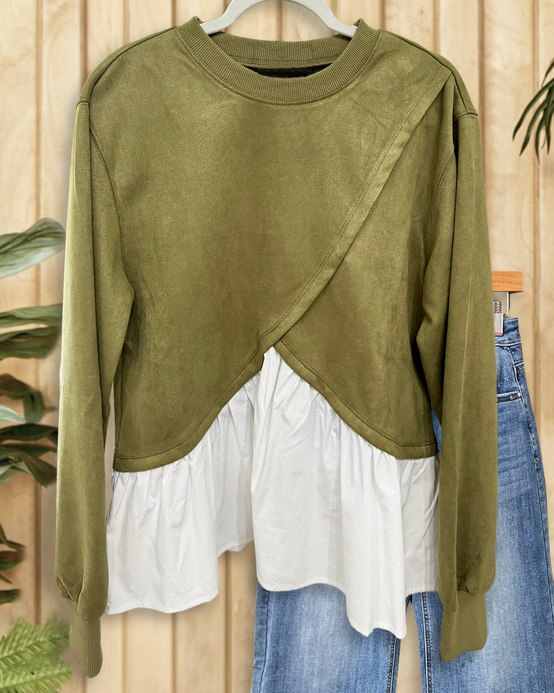 Color Block Round Neck Girly Irregular Ruffled Blouse-S.fashion