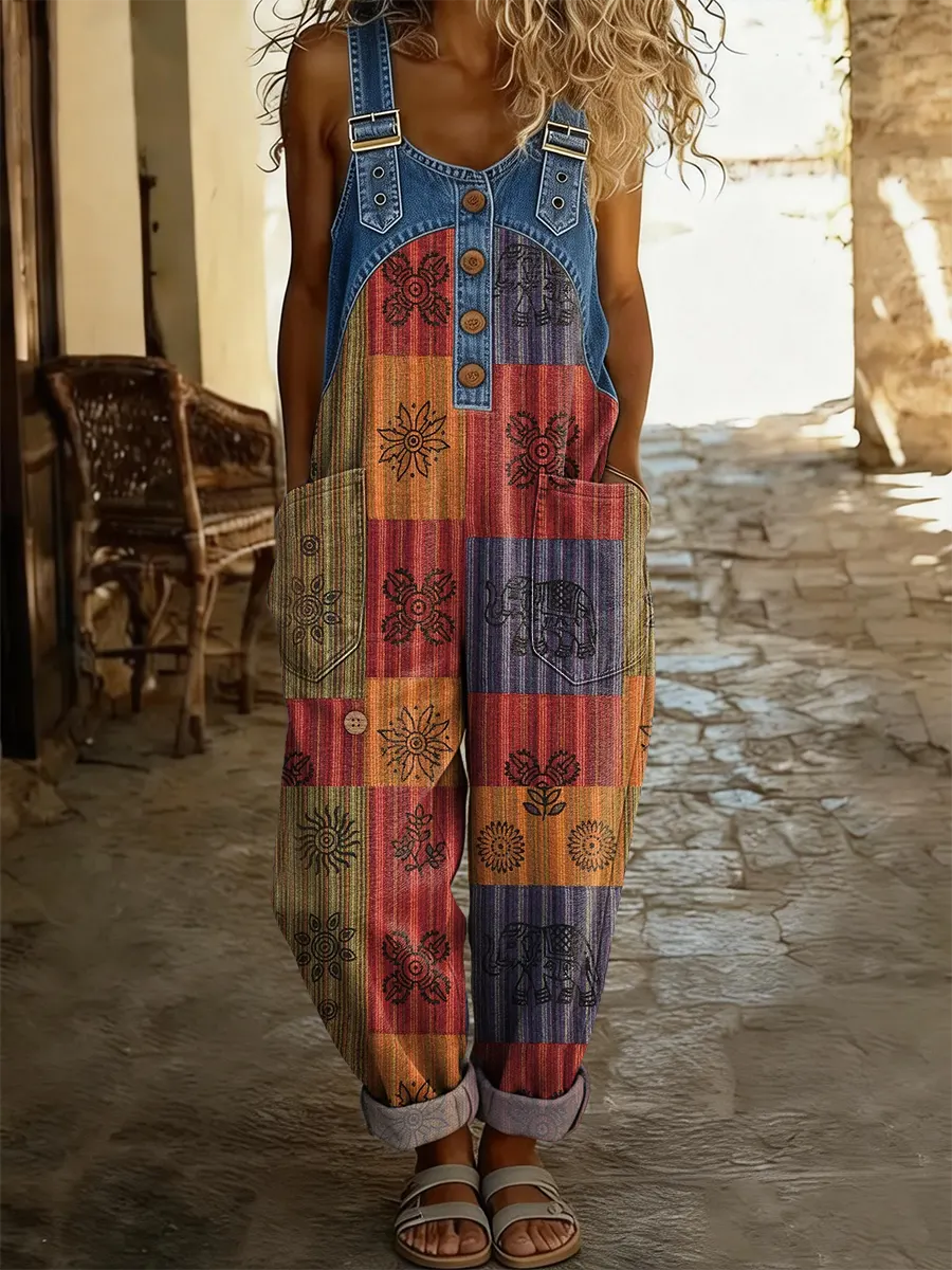 Ethnicity Patchwork Totem Pattern Women's Casual Washed Cotton Denim Patchwork Jumpsuit-S.fashion