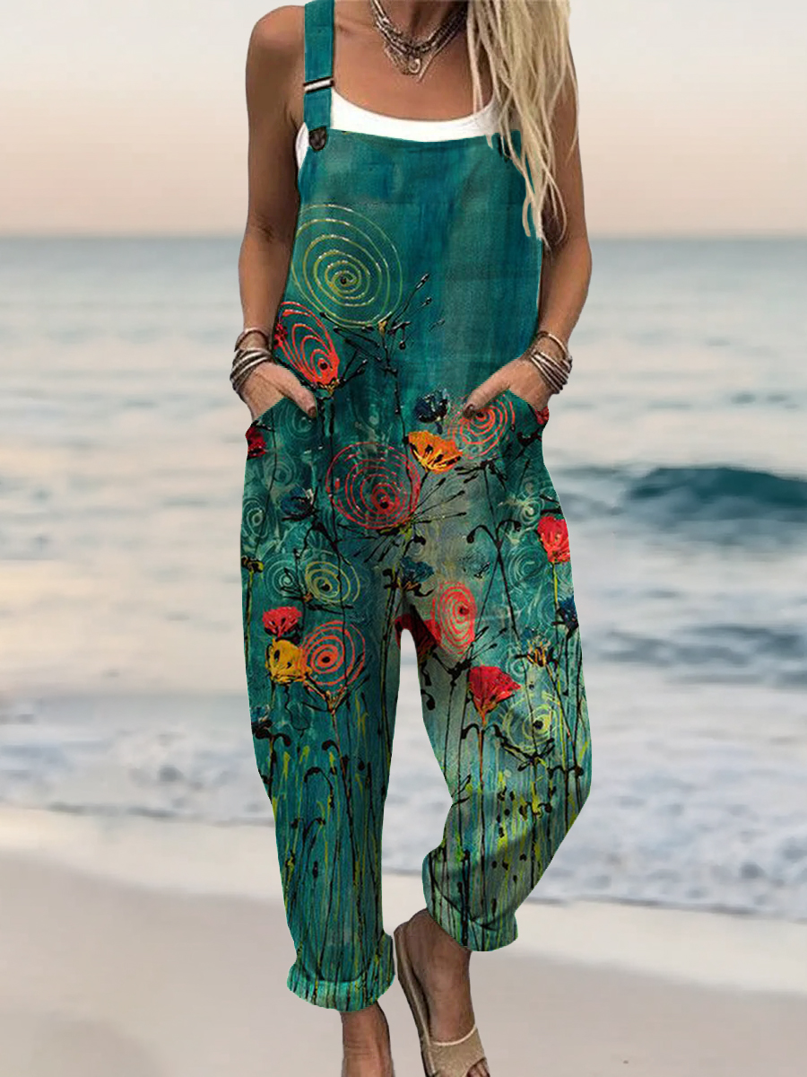 Women's Floral Pattern Art Print Casual 100% Cotton Wide Leg Jumpsuit-S.fashion