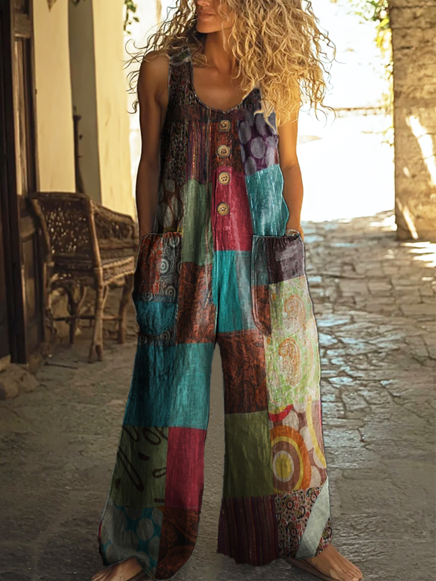 Women's Retro Floral Patchwork Art Print 100% Cotton Wide Leg Jumpsuit-S.fashion