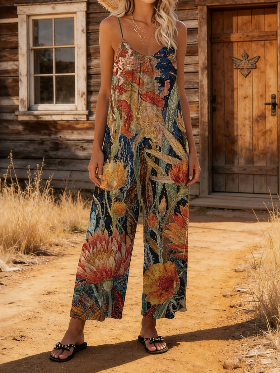Women's Retro Floral Art Print Casual Suspender Cotton Jumpsuit-S.fashion