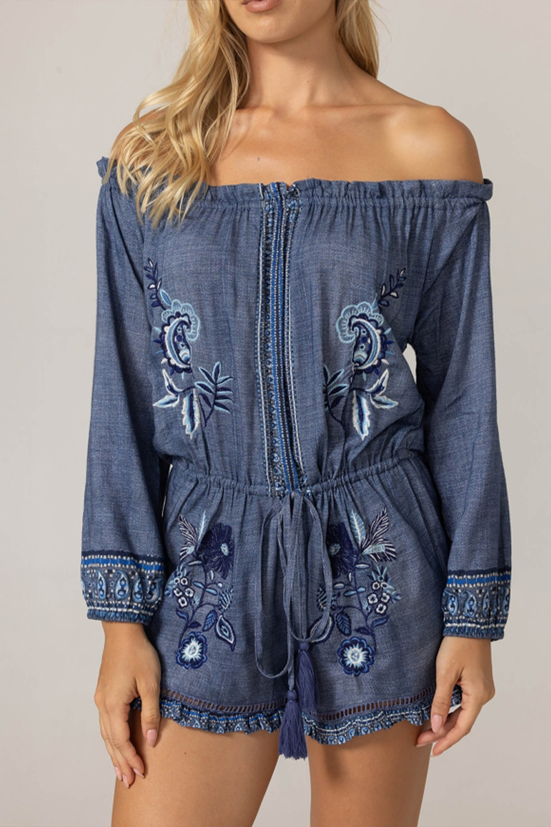 Women One-piece Collar Long Sleeved Patchwork Embroidered Casual Short Jumpsuit-S.fashion