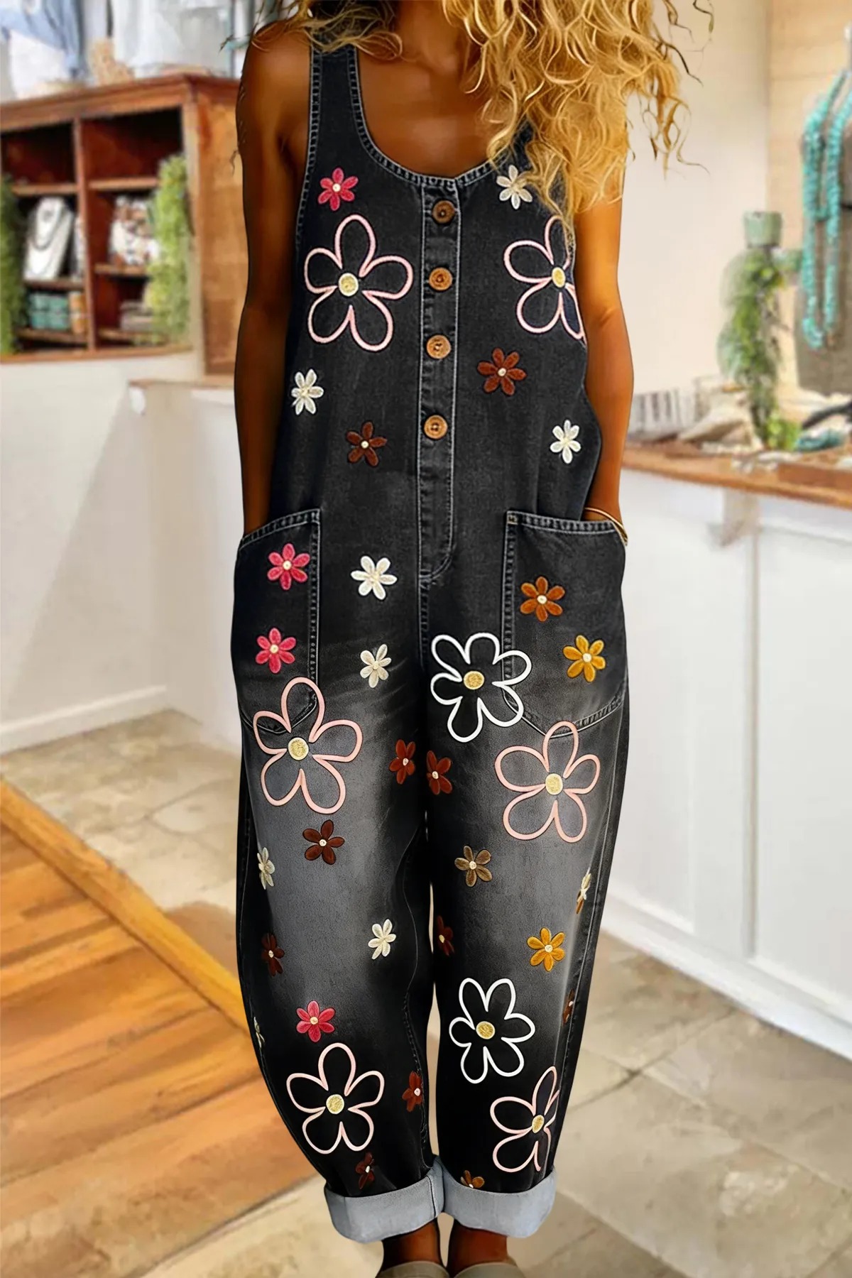 Multicolor Petal-Print Denim Jumpsuit-S.fashion