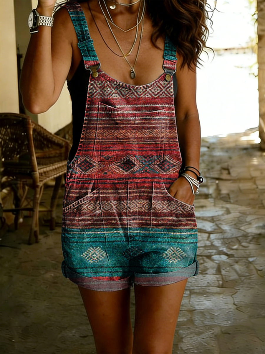 Women's Retro Ethnic Art Print Casual Sleeveless Pocket Jumpsuit Shorts-S.fashion