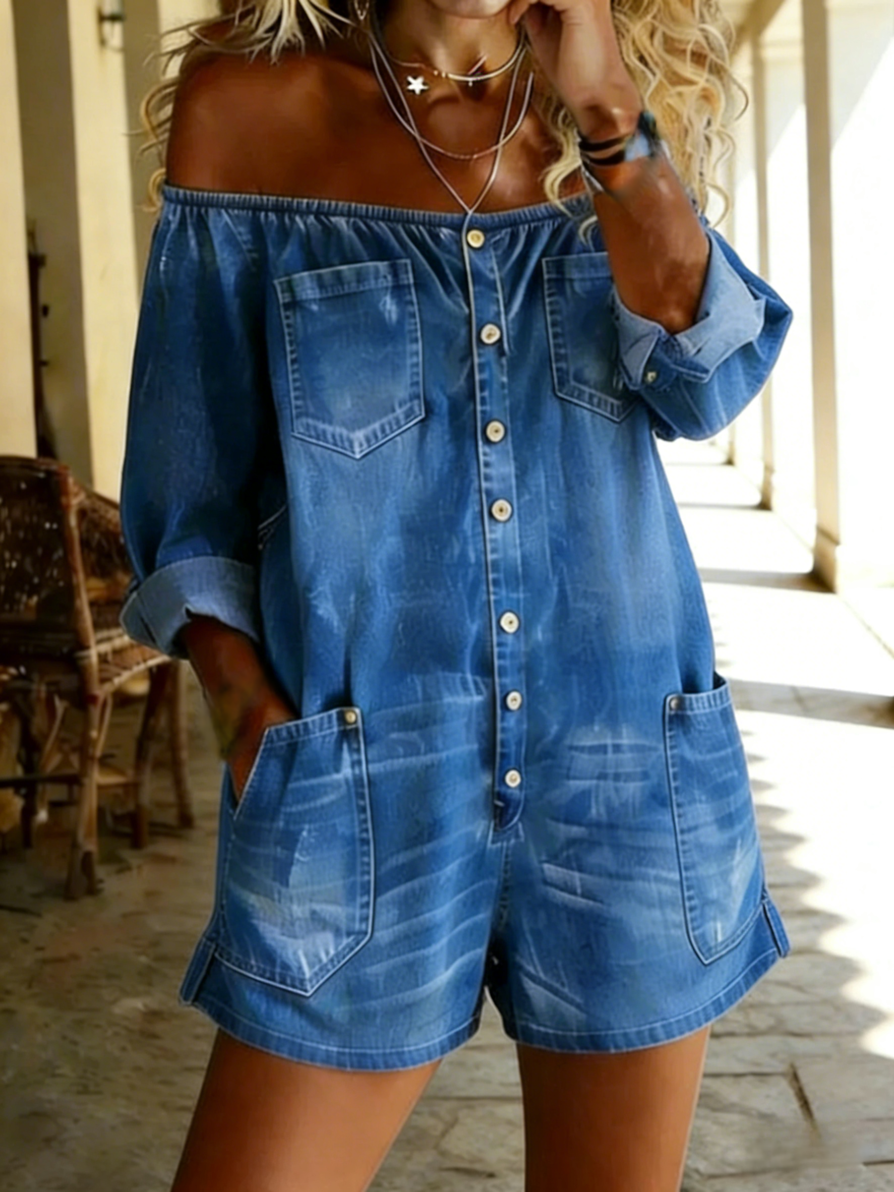Women's Casual Cotton Denim Off-Shoulder Jumpsuit Shorts-S.fashion