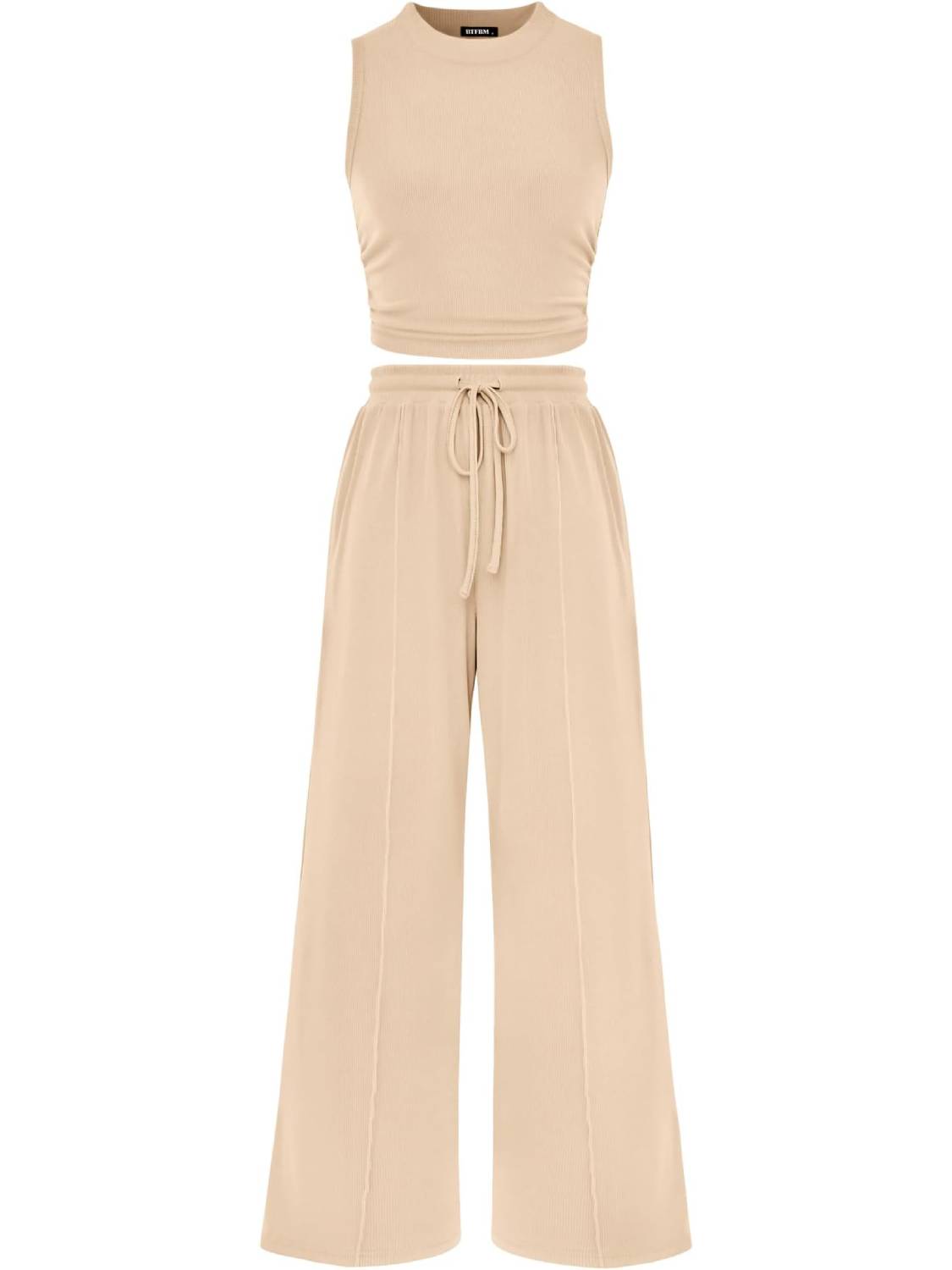 Women Sleeveless Cropped Top Elastic Waist Wide Leg Pants 2 Piece Set-S.fashion