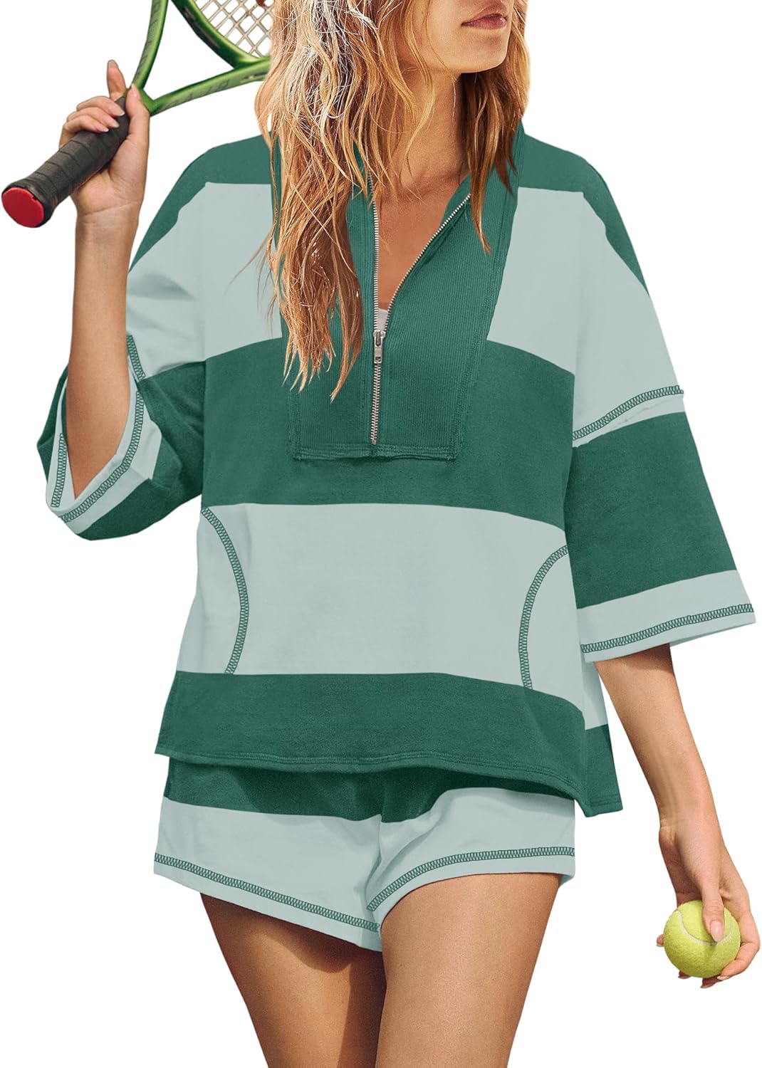 Women's Quarter Zip Color Block Top & Shorts Matching Set-S.fashion