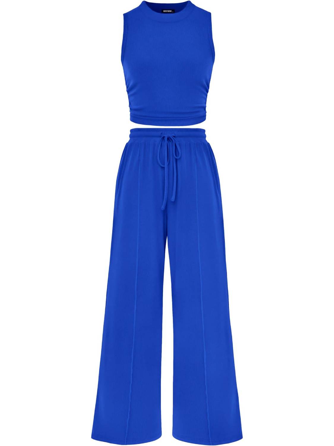 Women Sleeveless Cropped Top Elastic Waist Wide Leg Pants 2 Piece Set-S.fashion