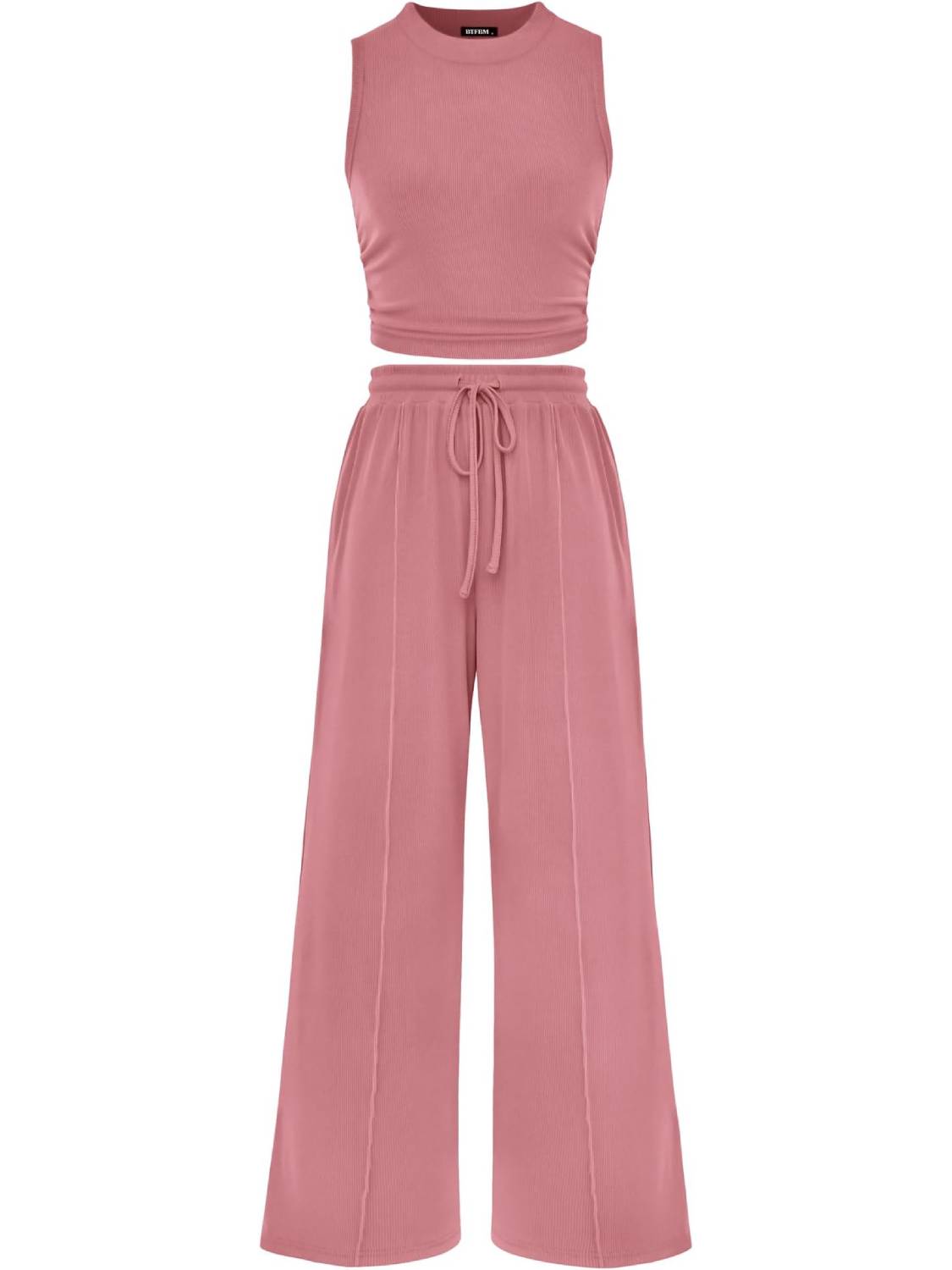 Women Sleeveless Cropped Top Elastic Waist Wide Leg Pants 2 Piece Set-S.fashion