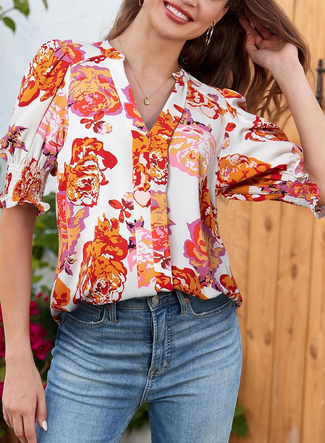 Floral V-Neck Puff Sleeve Blouse-S.fashion