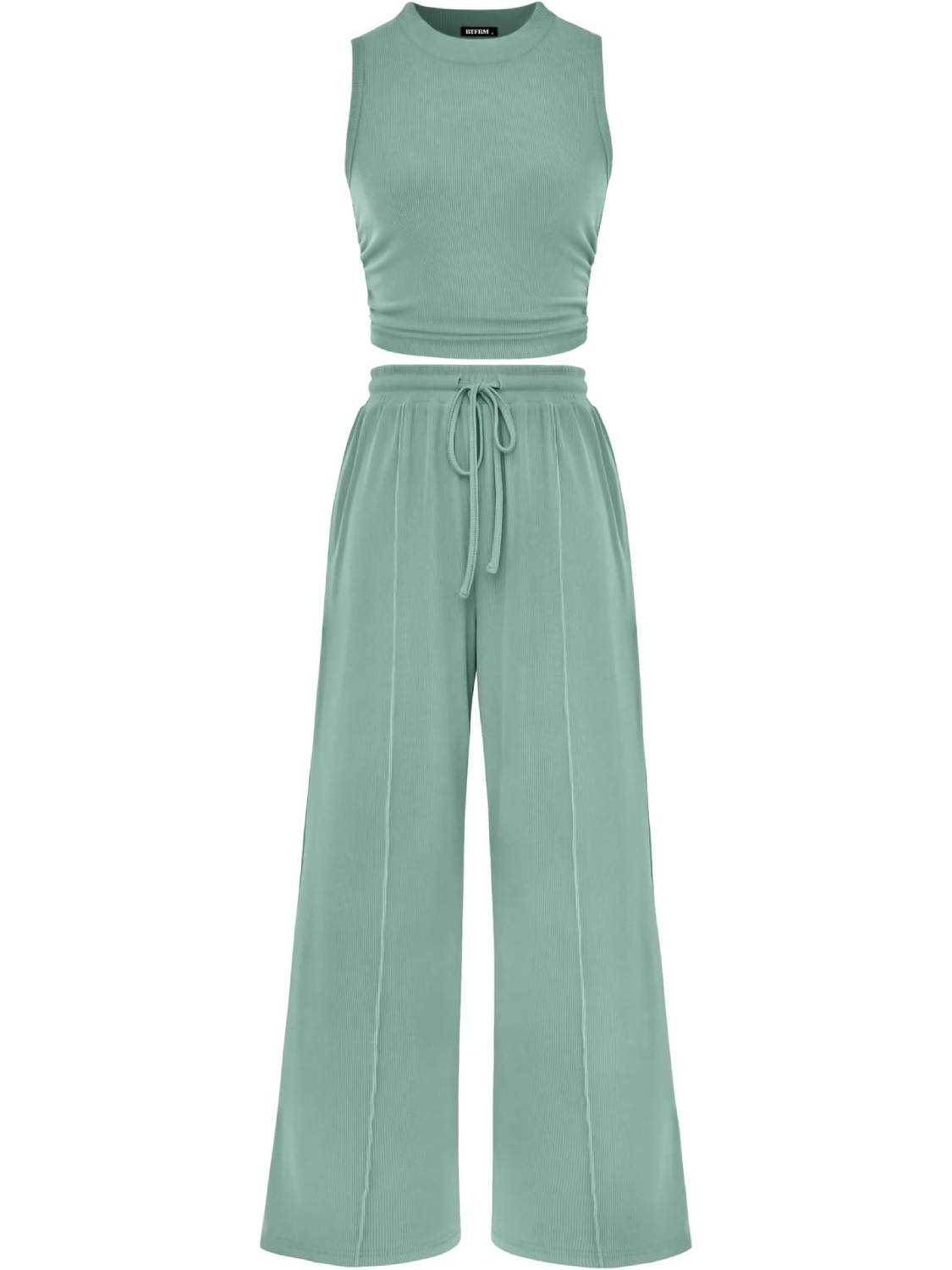 Women Sleeveless Cropped Top Elastic Waist Wide Leg Pants 2 Piece Set-S.fashion