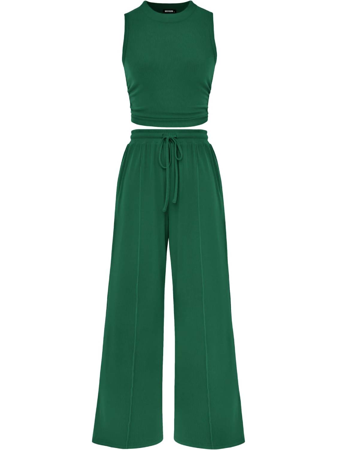 Women Sleeveless Cropped Top Elastic Waist Wide Leg Pants 2 Piece Set-S.fashion