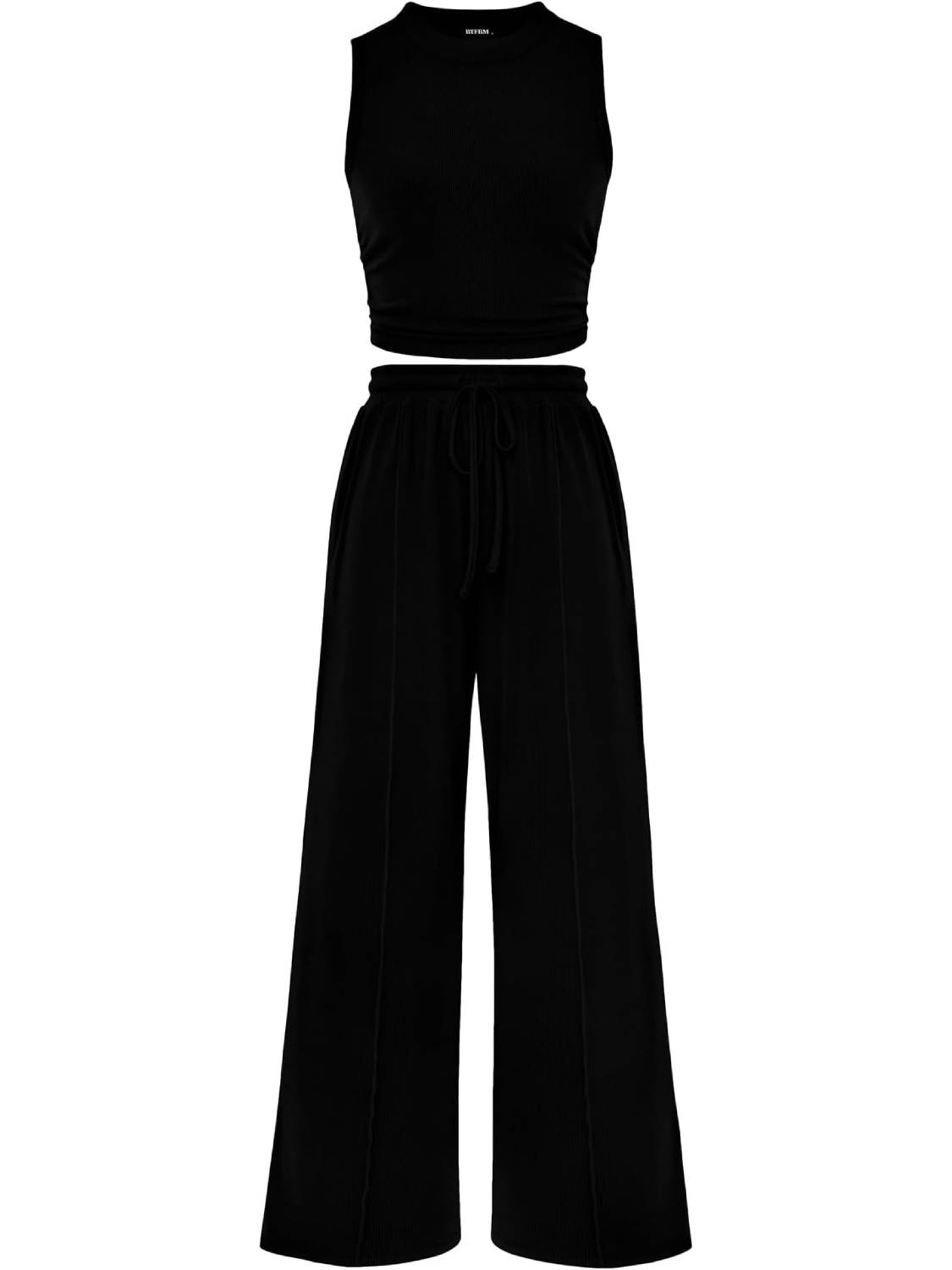 Women Sleeveless Cropped Top Elastic Waist Wide Leg Pants 2 Piece Set-S.fashion
