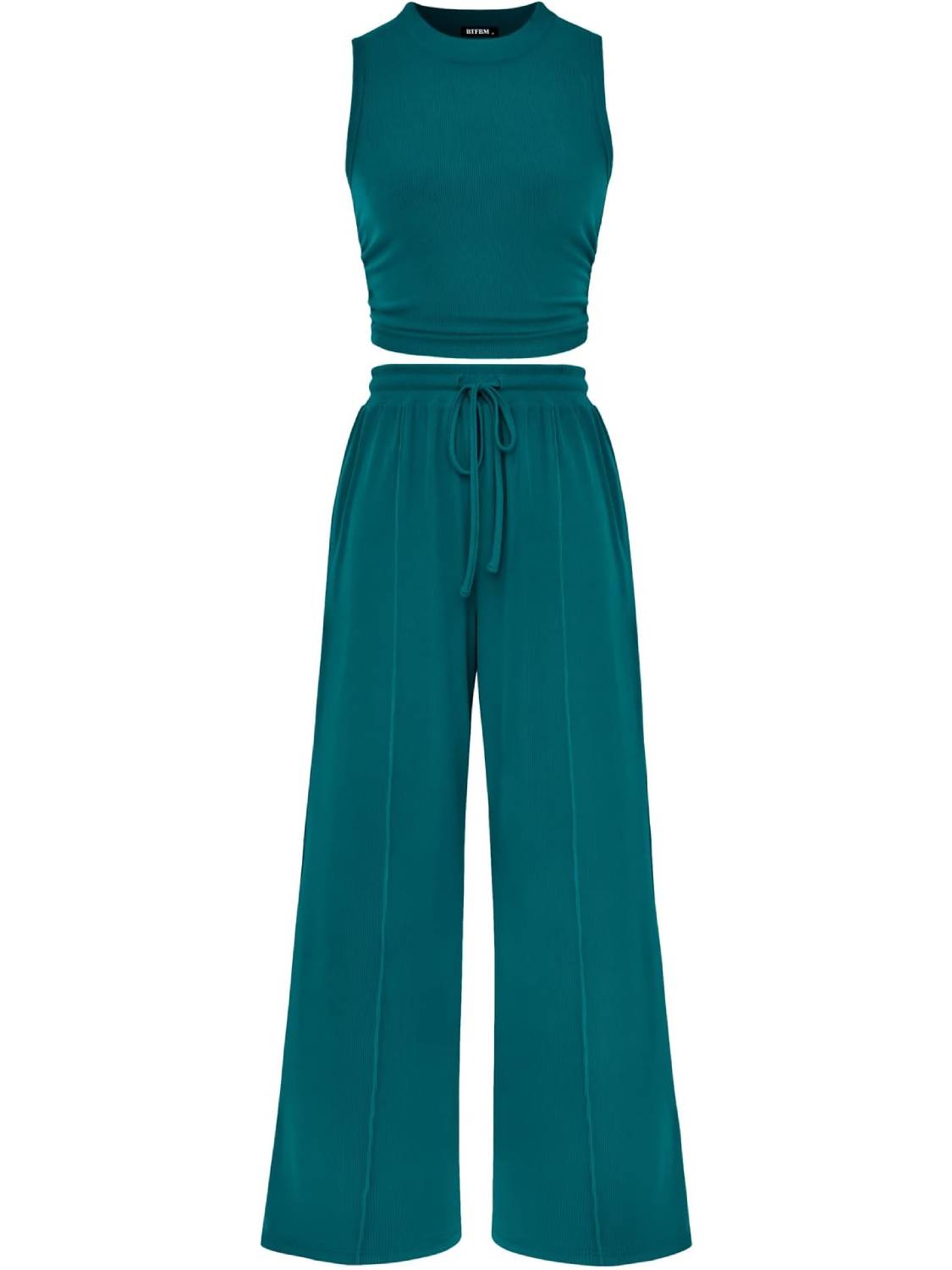 Women Sleeveless Cropped Top Elastic Waist Wide Leg Pants 2 Piece Set-S.fashion