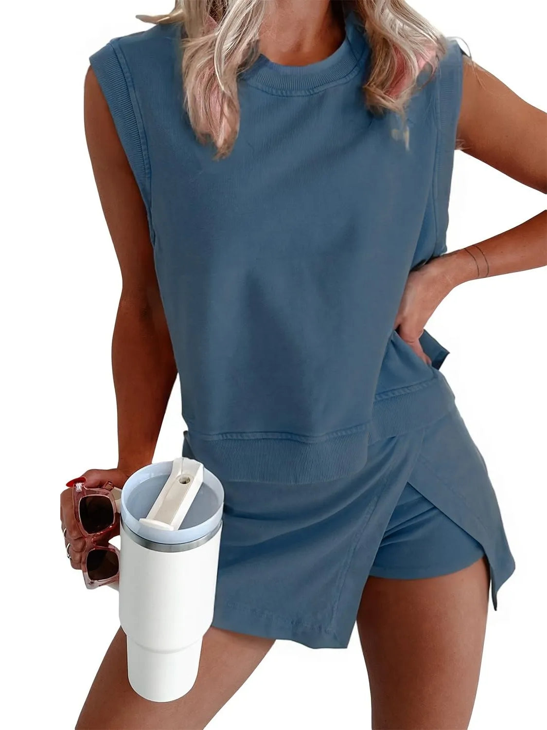 Womens Mineral Wash Comfy Tank Top Lined Split Athletic Skirt Set-S.fashion